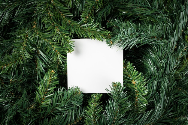 Layout fatto di rami di albero di Natale con nota di carta di carta al centro. Lay piatto. Natura Anno Nuovo concetto.