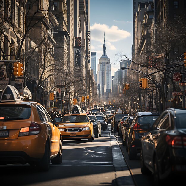 Le affollate strade di New York City con i taxi gialli che suonano il clacson e la gente che si affretta lungo i marciapiedi