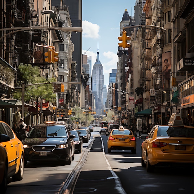 Le affollate strade di New York City con i taxi gialli che suonano il clacson e la gente che si affretta lungo i marciapiedi