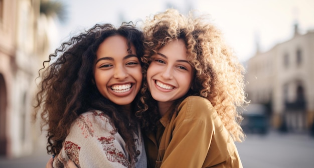 Le amiche di razza mista si godono una gita vacanziera che irradia felicità ed energia giovanile per le strade urbane