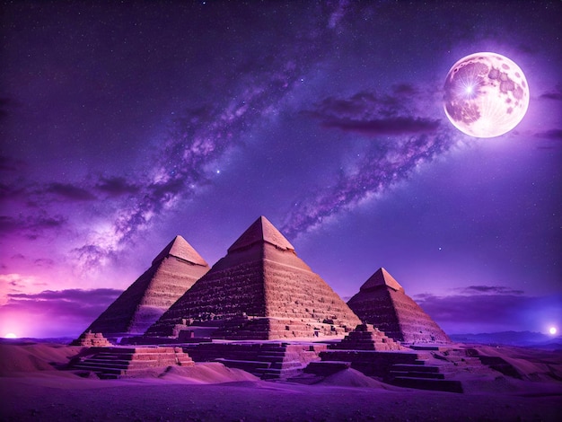 Le antiche piramidi si ergono maestose sotto un cielo notturno viola stellato