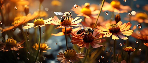 Le api Apis Mellifera su fiori di Helenium alla luce solare