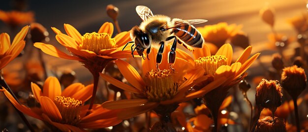 Le api Apis Mellifera su fiori di Helenium alla luce solare