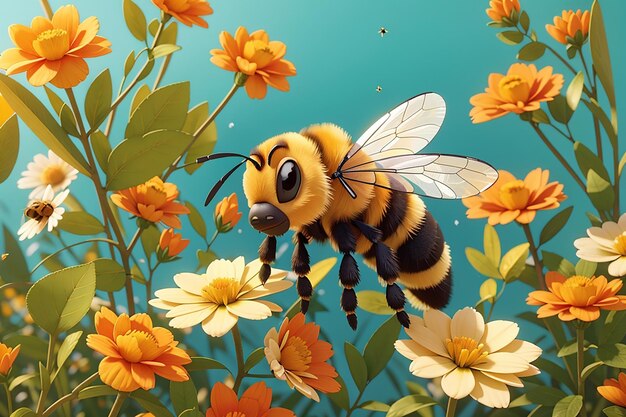 Le api del miele raccolgono fiori impollinanti in un prato vibrante