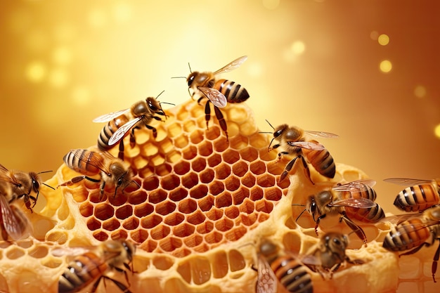 Le api mellifere lavorano diligentemente all'interno del loro alveare elaborando meticolosamente celle di favi piene di brillanti api operaie generative ai