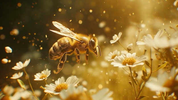Le api raccolgono il miele dai fiori in primo piano