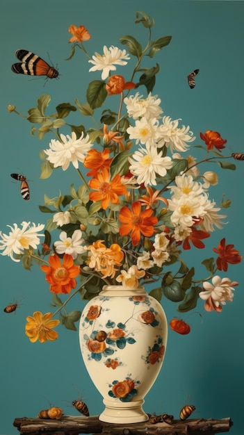 Le api ronzano attorno a un vaso Ming pieno di fiori