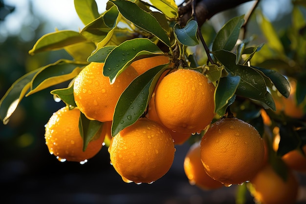 Le arance succose crescono sugli alberi della fattoria arancione baciati dal sole