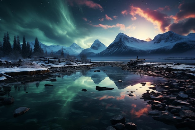 Le aurore boreali ballano sopra una catena montuosa innevata in Islanda in questa immagine realistica della natura