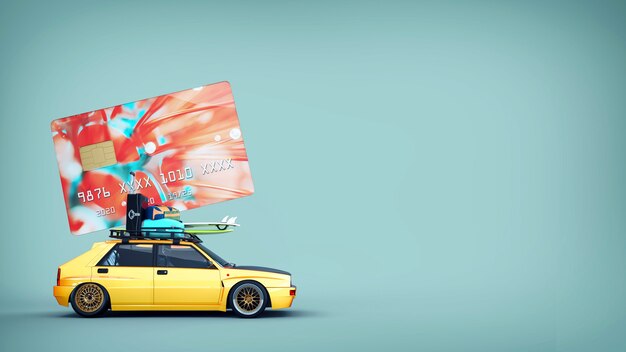 Le auto con carte di credito sono sul tetto. Rendering 3D e illustrazione.