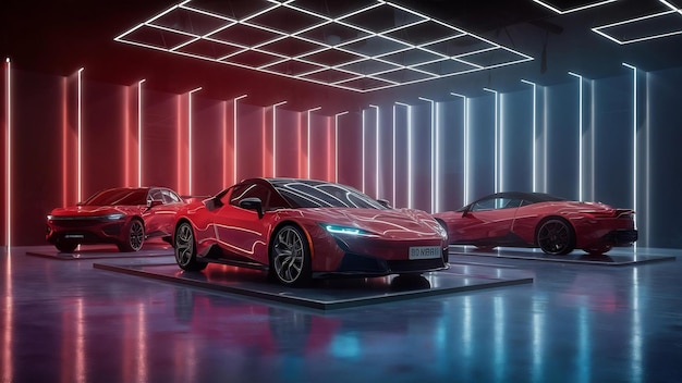 Le auto moderne sono nella sala studio illustrazione 3D e rendering 3D