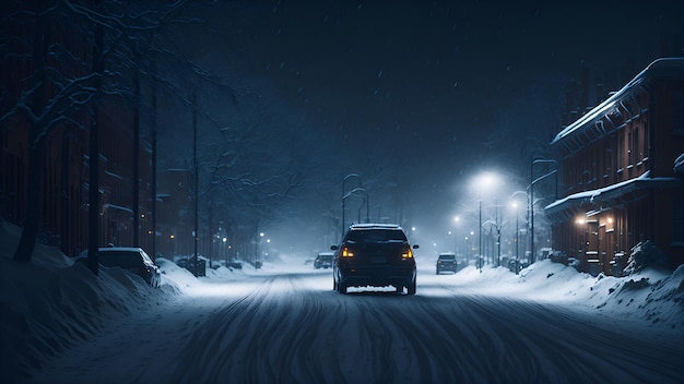 Le auto per le strade della città di notte in inverno in mezzo a cumuli di neve si muovono su una strada scivolosa Condizioni meteorologiche avverse a causa delle nevicate Generazione AI