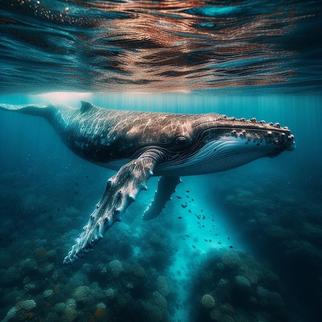 Le balene si tuffano sotto la superficie con la luce che brilla su di loro