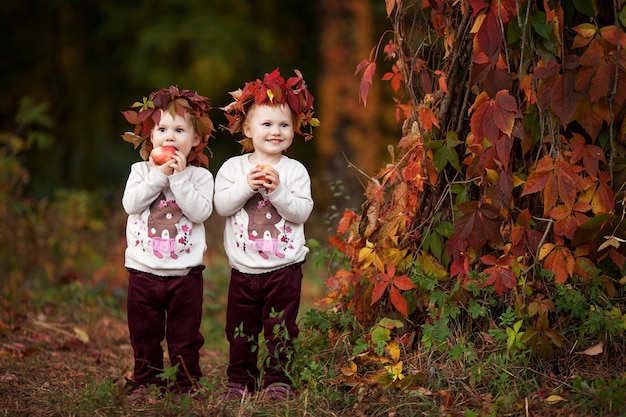 Le bambine gemelle tengono le mele nel giardino autunnale Nutrizione sana Tempo di Halloween e del Ringraziamento