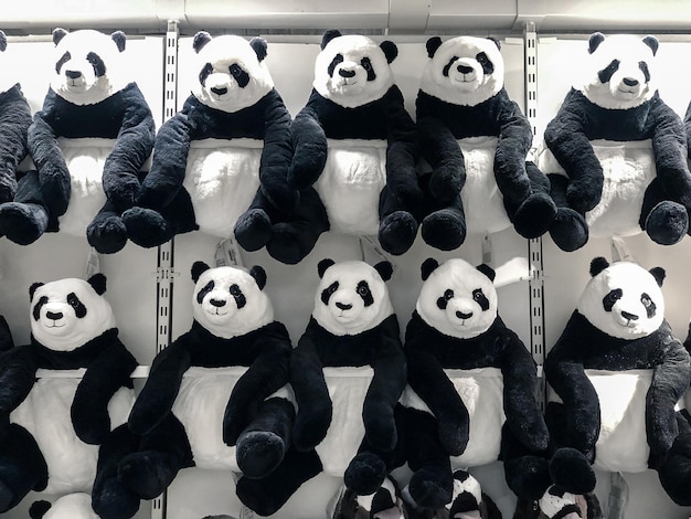 Le bambole Panda sono appese al muro per le vendite in partenza dai grandi magazzini