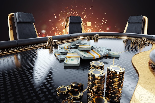 Le banconote in dollari USA giacciono sul tavolo da poker Il concetto di casinò poker gioco d'azzardo design moderno stile rivista 3D rendering illustrazione 3D