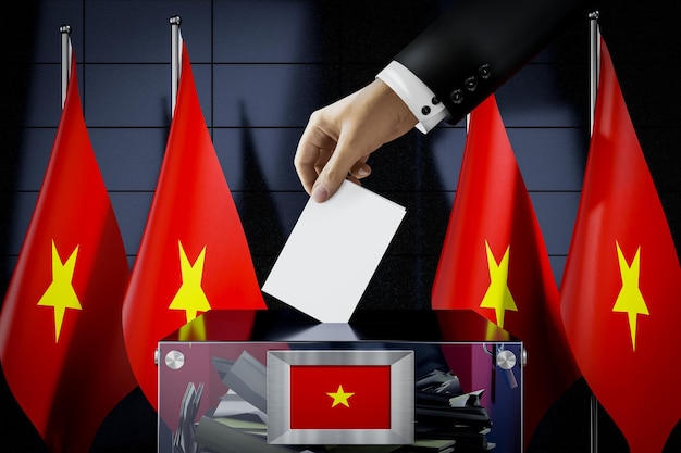 Le bandiere del Vietnam fanno cadere a mano la scheda elettorale in un'illustrazione 3D del concetto elettorale di voto della scatola