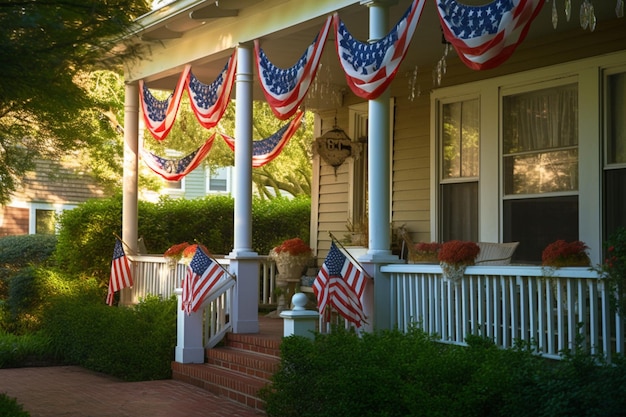 le bandiere sono appese sul portico anteriore di una casa generativa ai