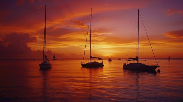 Le barche si crogiolano sotto un tramonto fiammeggiante ancorate in acque tranquille