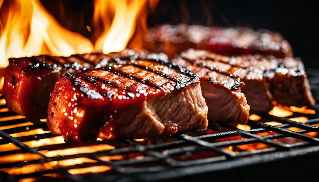 Le bistecche di maiale o di manzo alla griglia con peperoncino e sale stanno cadendo su uno sfondo nero.