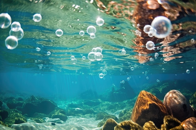 Le bolle d'aria sottomarine salgono naturalmente sulla superficie del Mar Mediterraneo in Francia