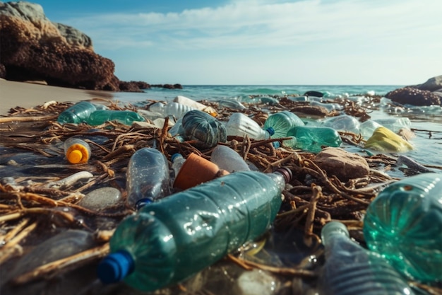 Le bottiglie di plastica usate sporcano la spiaggia accentuando le preoccupazioni per l'inquinamento ambientale