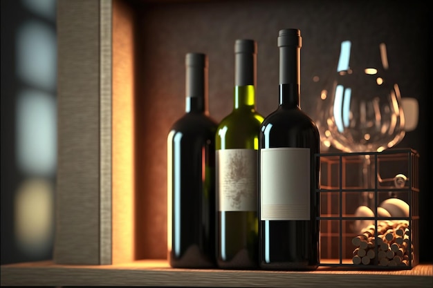 Le bottiglie di vino sono su uno scaffale con una luce dietro di loro.