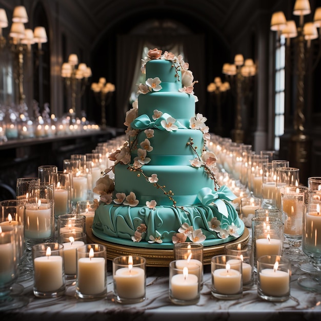 le candele sono accese di fronte a una torta blu con fiori generativi ai