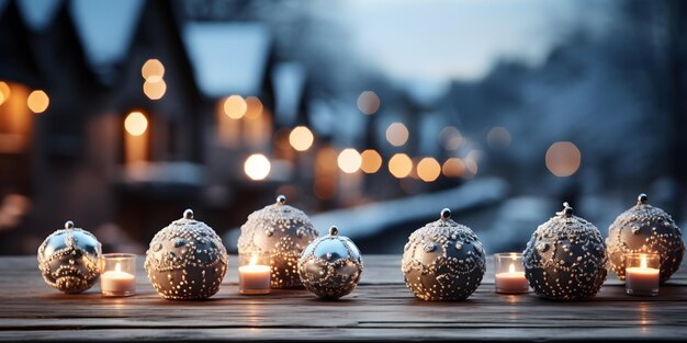 le candele sono accese su un tavolo di legno con una fila di ornamenti di Natale