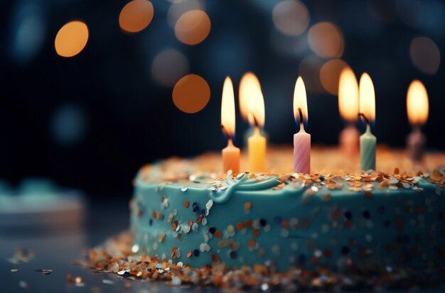 Le candele sono accese su una torta blu con confetti sprinkles generative ai