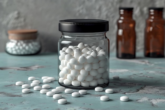 le capsule bianche per farmaci o additivi alimentari in una bottiglia di plastica trasparente sono sul tavolo