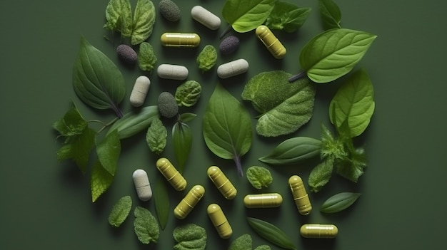 Le capsule organiche a base di erbe di medicina alternativa con vitamine, minerali e farmaci con foglie di erbe sono integratori naturali per un'IA generativa sana