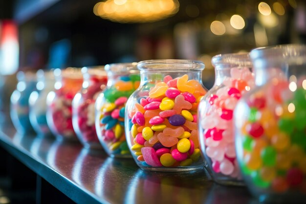 Le caramelle colorate mostrano un assortimento di deliziosi dolci al vivace bancone del negozio