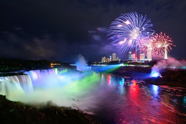 Le cascate del Niagara illuminate di notte da luci colorate con fuochi d'artificio