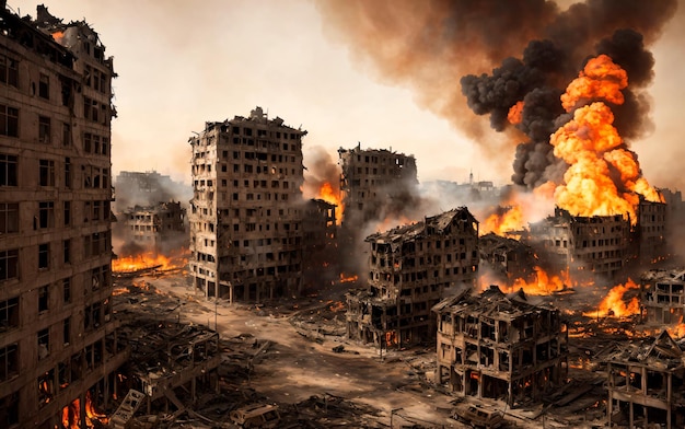 Le case di città distrutte in fiamme durante la guerra IA generativa