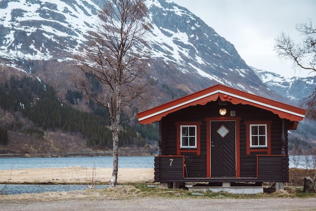 Le case e le montagne del rorbu della Norvegia oscillano sul fiordo