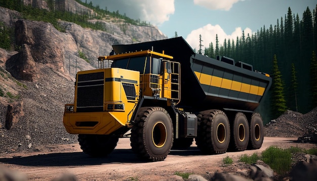 Le cave richiedono un enorme autocarro con cassone ribaltabile Un enorme camion da miniera giallo è sul posto di lavoro Caricamento di carbone nel cassone di un camion Produzione di minerali preziosi IA generativa