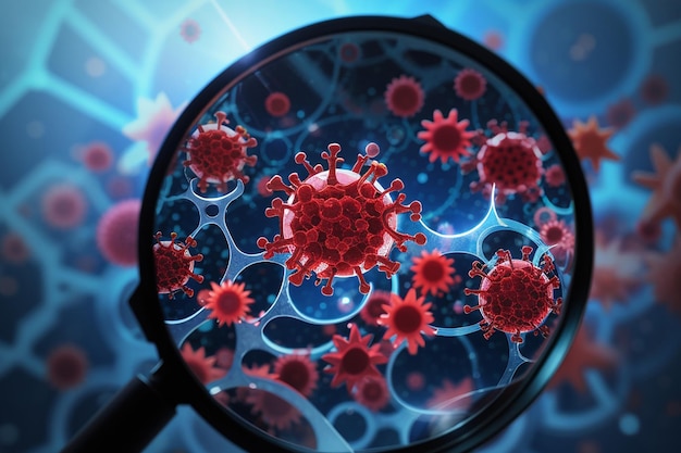 Le cellule del coronavirus guardano attraverso uno sfondo di lente d'ingrandimento