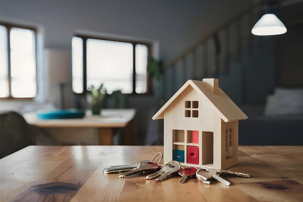 Le chiavi della casa disposte in modo ordinato su un tavolo di legno all'interno di una casa moderna