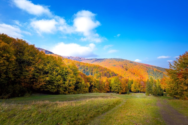 Le colline delle montagne e la stagione variopinta di autunno del paesaggio della valle