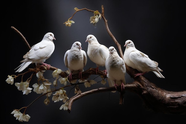 le colombe bianche siedono su un ramo con fiori.