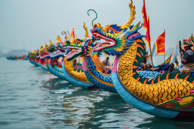 Le colorate barche drago galleggiano sull'acqua, una vibrante scena di ricreazione e arte.