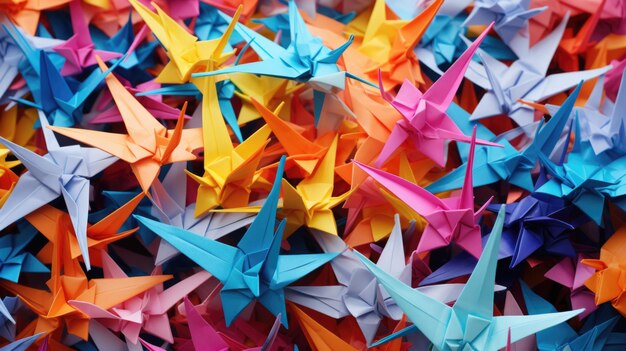 Le colorate gru di carta origami in abbondanza