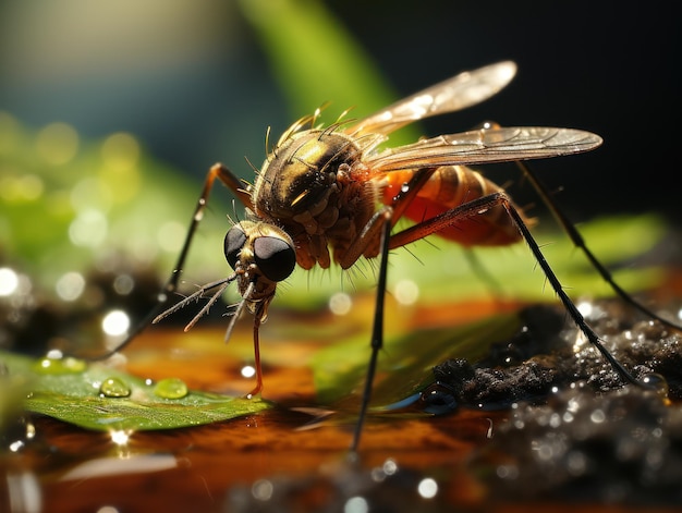 Le complessità della natura Catturare il delicato incontro di una zanzara che si posa su una pozzanghera IA generativa