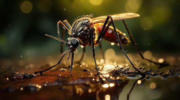 Le complessità della natura Catturare il delicato incontro di una zanzara che si posa su una pozzanghera IA generativa