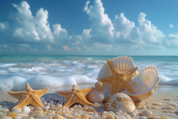 Le conchiglie delle stelle marine e le onde accarezzano la spiaggia sabbiosa