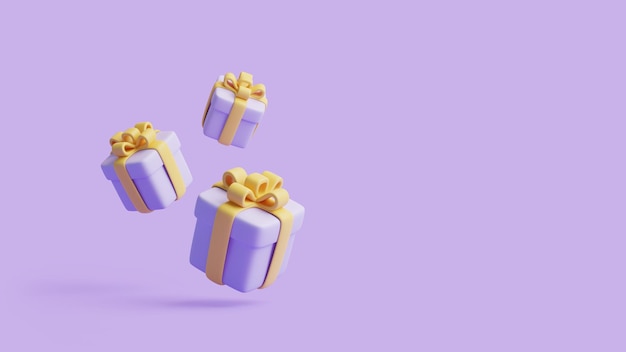 Le confezioni regalo volano su uno sfondo viola pastello Decorazione natalizia Regalo festivo a sorpresa rendering 3D