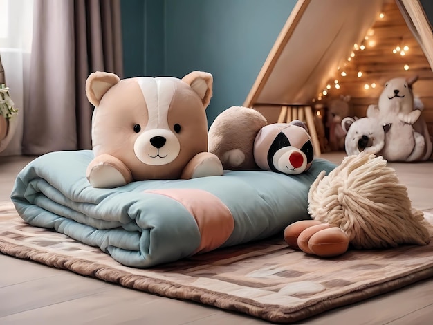Le coperte con un cuscino e un meraviglioso giocattolo per bambini il pavimento delle stanze è di legno