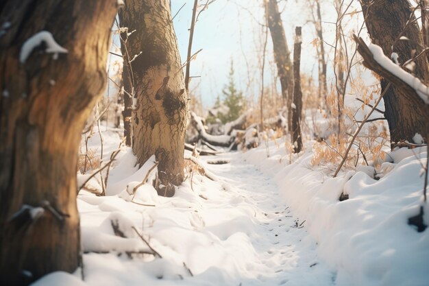 Le coperte di neve di un stretto sentiero boschivo