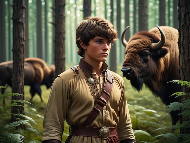 Le copertine di libri di fantasia oscura retro degli anni '70 illustrano un giovane uomo in tunica che incontra un bisonte in
